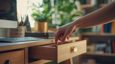 A person's hand opening a drawer on a wooden desk, with a blurred background of a tidy home office, showing a sense of organization and calm.の素材