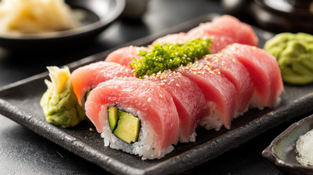An elegant serving of canned tuna on a sushi plate, paired with avocado and a wasabi garnish.の素材