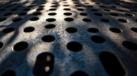 A piece of steel with small round holes scattered evenly across the surface, showing the interplay between light and shadow.の素材