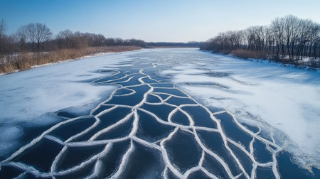 An aerial shot of a frozen lake with ice cracks forming beautiful natural patterns.の素材