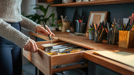 A person opening the drawer of a wooden table in a home office, revealing pens, paper, and an assortment of office tools neatly organized inside.の素材