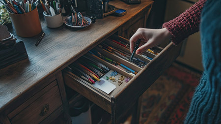 A person opening the drawer of a wooden table in a study room, revealing a collection of pens, paper clips, and other office essentials.の素材