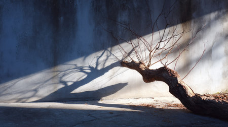 Gnarled tree limb casting a shadow on a rough concrete backdrop with low warm lightingの素材