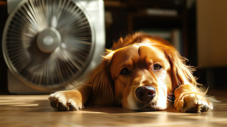 A peaceful dog lying on the floor with its paws outstretched, resting in front of a fan on a warm day. The cool breeze creates a calm atmosphere in the room.の素材