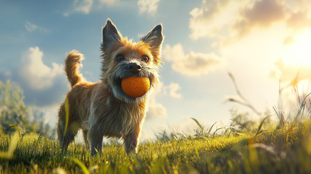 A dog with a ball in its mouth, standing proudly on a grassy field, ready for a game of fetch. The sun shines down, creating a warm atmosphere.の素材