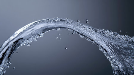An elegant water arc forming a perfect curve, with droplets suspended in mid-air.の素材