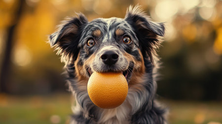 A playful dog holding a rubber ball in its mouth, eagerly looking around for its owner to play. The dog's energy and joy are evident.の素材
