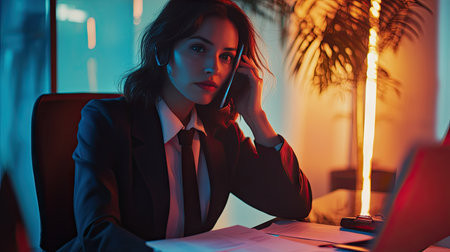 A professional businesswoman in a business suit, holding a phone to her ear while sitting at her sleek office desk, multitasking with papers in front of her.の素材