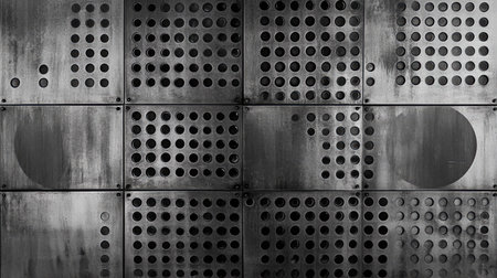 A piece of steel metal with small circular holes arranged in a uniform pattern, with a focus on the intricate details of the perforations.の素材
