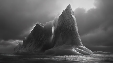 A surreal iceberg shaped like a jagged mountain, its underwater mass resembling a lurking beast.の素材
