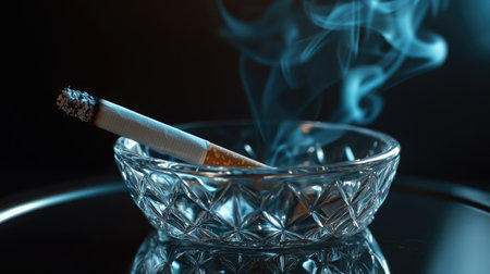 A crystal ashtray with a single burning cigarette, smoke rising dramatically in the darkness.の素材