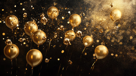Golden balloons rising against a luxurious black and gold sparkling background.の素材
