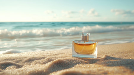 A perfume bottle placed on the sand, with the vast sea stretching into the horizon, evoking a sense of calm and sophistication.の素材