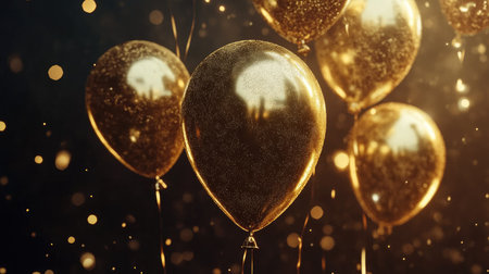 Golden balloons rising against a luxurious black and gold sparkling background.の素材