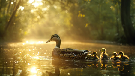 A duck mom leading her young in a gentle swim across a pond, with the soft light of dawn filtering through trees and casting a peaceful glowの素材