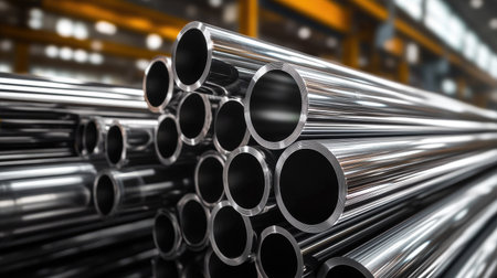 Shiny steel pipes stacked vertically in a warehouse, with light reflecting off their polished surface, highlighting the metallic shine.の素材