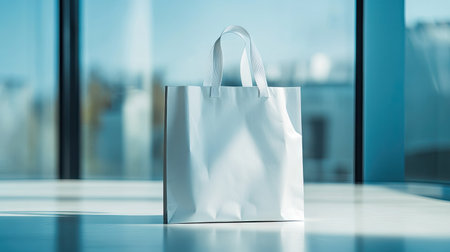 A plain white shopping bag lying flat on a smooth surface, showcasing its clean design.の素材