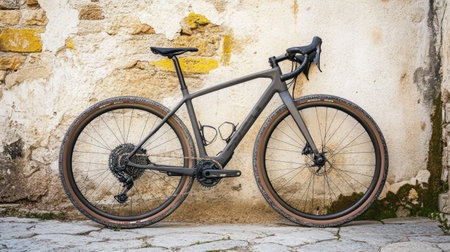 A stylish gravel bike with a carbon fiber frame leaning against a stone wall.の素材