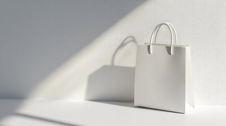 A white shopping bag with handles standing near a soft shadow, isolated for design use.の素材