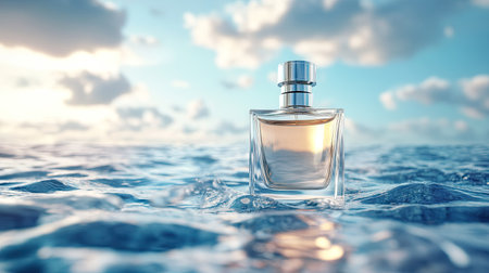 A fresh and elegant perfume bottle with a sea breeze blowing in the background, creating a refreshing and airy atmosphere.の素材