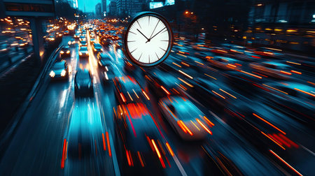A time-lapse image of cars moving during rush hour, with an overlaid clock rapidly spinning to symbolize urgency.の素材