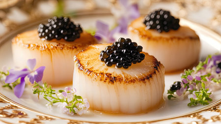 A stunning gourmet plate featuring tender scallops garnished with delicate flowers and rich black caviar.の素材