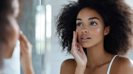 A young woman in front of a mirror, gently tapping her face with her fingers, feeling her smooth, healthy skin after a refreshing skincare routine.の素材