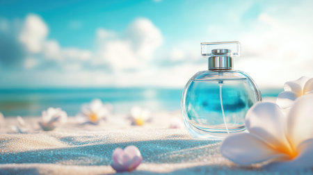 A fresh and elegant perfume bottle with a sea breeze blowing in the background, creating a refreshing and airy atmosphere.の素材