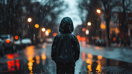 A young boy in a dark hoodie with the hood up, walking along an empty street on a rainy day, with puddles reflecting the soft city lights.の素材