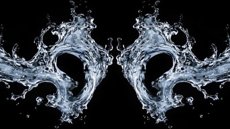 A symmetrical water splash forming elegant arcs and droplets, with a deep black backdrop.の素材
