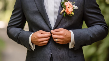A groom buttoning his jacket, his boutonniere adding a touch of color to his formal look.の素材