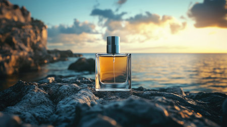 A perfume bottle on a rocky surface with the sea and a bright sky in the background, exuding a sense of adventure and elegance.の素材