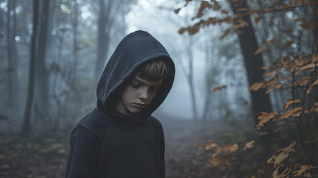 A young boy with a dark sweatshirt and hood, walking through a foggy forest, his face hidden under the hood, adding an air of mystery.の素材