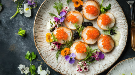 A top-down view of gourmet scallops garnished with delicate flowers and rich caviar, served on a fine china plate.の素材