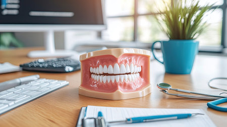 A detailed dental model showing teeth and gums, placed on a dentist's desk for learning about proper oral hygiene and care.の素材