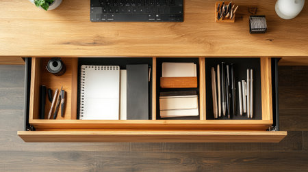 A wooden office table with an open drawer, showing neatly arranged documents, a notebook, and a set of pens, evoking an organized workspace.の素材