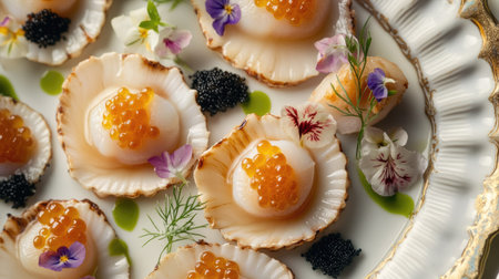 A top-down view of gourmet scallops garnished with delicate flowers and rich caviar, served on a fine china plate.の素材