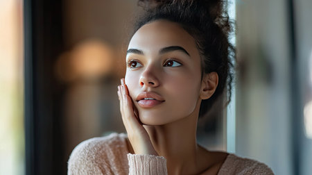 A young woman in front of a mirror, gently tapping her face with her fingers, feeling her smooth, healthy skin after a refreshing skincare routine.の素材