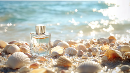 A perfume bottle surrounded by seashells on the beach, with the sparkling sea providing a peaceful and refreshing backdrop.の素材