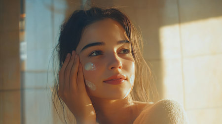 A young woman in her bathroom, softly massaging her face as she looks at her healthy skin in the mirror, glowing and fresh after a skincare routine.の素材