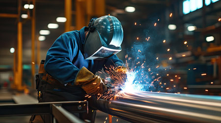 A worker welding shiny silver steel pipes together at a metalworking facility, creating a strong and durable industrial framework.の素材