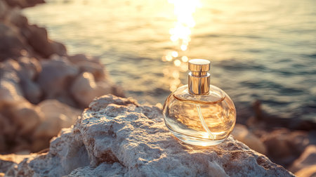 A stylish perfume bottle on a sunlit rock near the sea, evoking a peaceful and elegant atmosphere with the sound of the waves in the distance.の素材