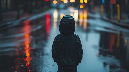A young boy in a dark hoodie with the hood up, walking along an empty street on a rainy day, with puddles reflecting the soft city lights.の素材