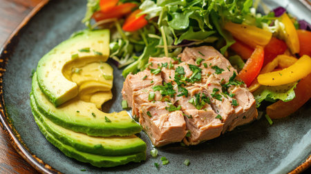 A top-down view of canned tuna with a fresh salad, avocado slices, and colorful vegetables on a rustic plate.の素材