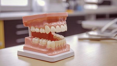 A dentist's study table with a dental model of teeth, demonstrating how brushing and flossing can improve oral hygiene.の素材