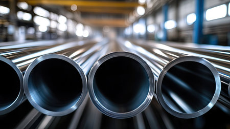 Shiny silver steel pipes arranged in a factory, highlighting their smooth, reflective surface as part of a modern industrial manufacturing process.の素材