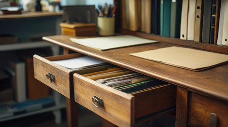 A wooden desk with an open drawer, showcasing various files and paperwork, along with a glimpse of a well-organized workspace.の素材