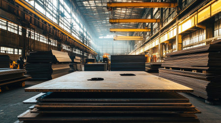 Large sheets of corrugated metal stacked in a warehouse, showcasing the industrial materials used in modern construction projects for buildings.の素材