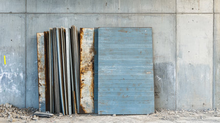 Metal sheets leaning against a wall on a construction site, waiting to be installed as part of a new industrial structure under development.の素材