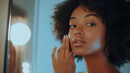 A woman with flawless skin gently touching her face in front of a mirror, her skin looking smooth and rejuvenated, reflecting self-care and confidence.の素材